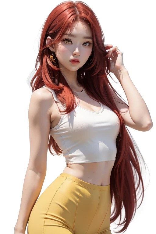 a woman in a white crop top and red pants is playing video game, simple style, wearing elegant casual clothes, muted red, simple clothes, milk and red style, casual clothing style, modern fashion outfit, wearing a fisher , casual modern clothing, inspo, red clothes, red pants, neutral tones, rred and white color scheme, casual business outfit, cute face,beautiful smile(shy) nike shoes, 22 years old, adult face, long hair, ((red hair))