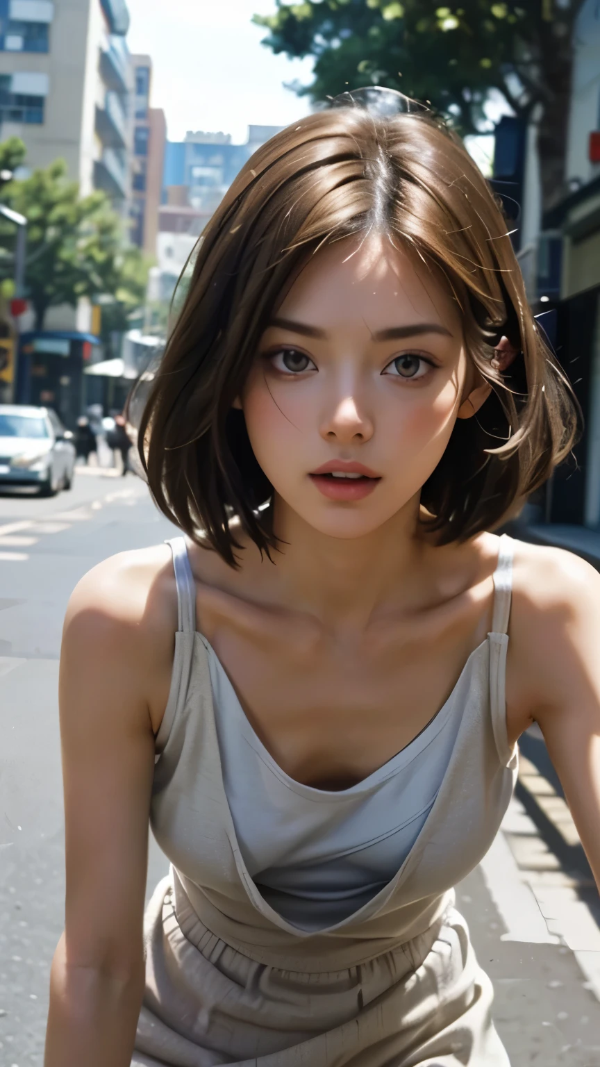 masterpiece, high quality, (realistic skin texture), very well detailed, very well detailed, preface face, beautiful eye, perfect eyes, detail eye, big highlight, detail face, super detailed, detail eye, Symmetrical eye, (Dynamic Angle), ((dwarf)), (((expressionless))), sharp details, That Katamisuzu , blond hair, short hair, (half closed eyes:0.8), (small breasts:1.3), (slim, skinny), Ken1loli, nffsw, (beautiful breasts),(sexy pose), (zoom, cute, Camisole, micro mini skirt, raise your face, slender, Collarbone, breast, forward leaning position, lean forward, Street Corner), looking at the viewer, (cowboy shot:1.2), (1 girl), (young face:1.3), beautiful long legs, Beautiful body, Beautiful Nose, beautiful character design, perfect eye, perfect face,expressive eye, perfect balance , viewers,(Focus on her face),closed my mouth, (Innocent_big_eye:1.0), official art,Highly Detailed CG Unity 8K Wallpaper, perfect lighting,colorful, bright_Front _face_lighting,white skin, (masterpiece:1.0),(Highest_quality:1.0), High Resolution,4K,super detailed, photo shoot, 8k, High Resolution, High Resolution, (Absard Dress:1.2), Kodak Portra 400, FILM GRAIN, lens flare, ( vibrant_color:1.2), pro pics, (Narrow _ waist ),