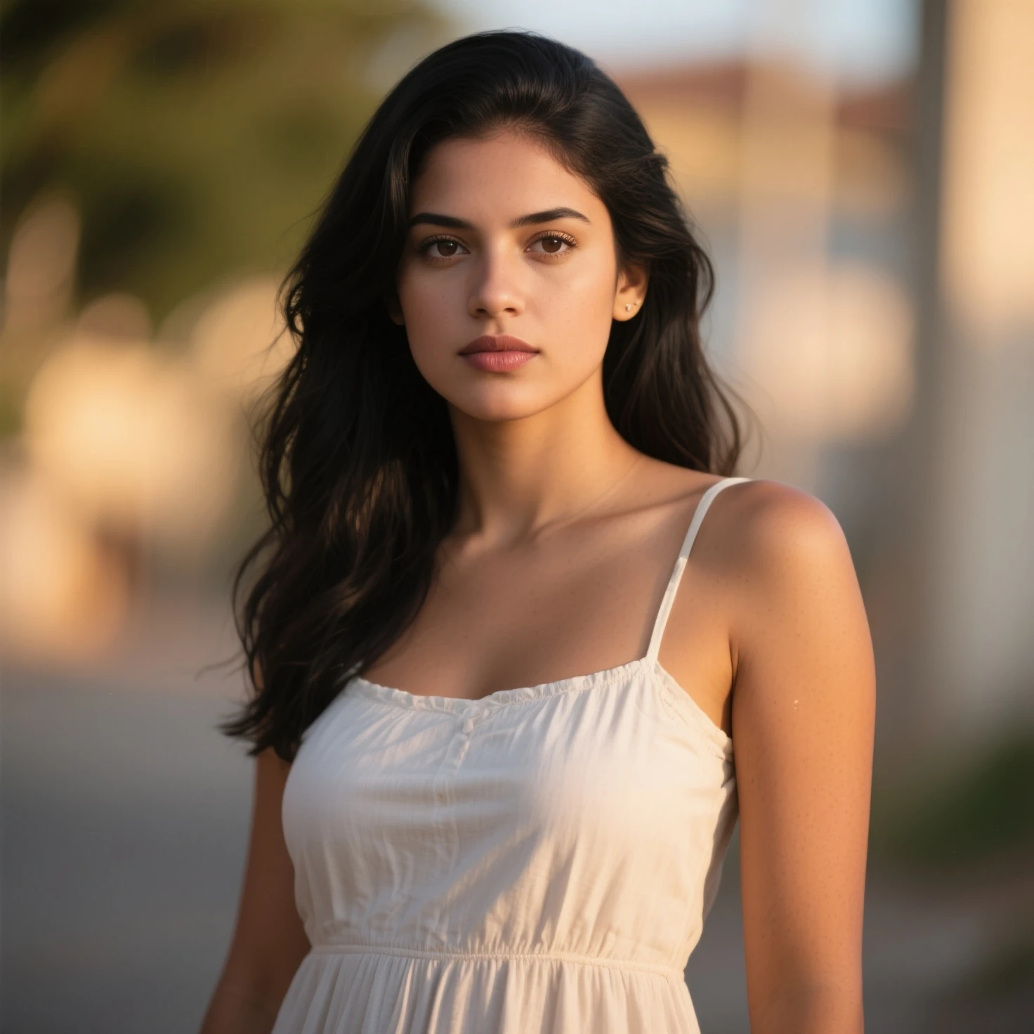 Describe a digital influencer in a professional, full-length, highly realistic photo. She is a young woman with medium, straight black hair, elegantly styled.in several different environments, for example beach, restaurants, swimming pool, travel