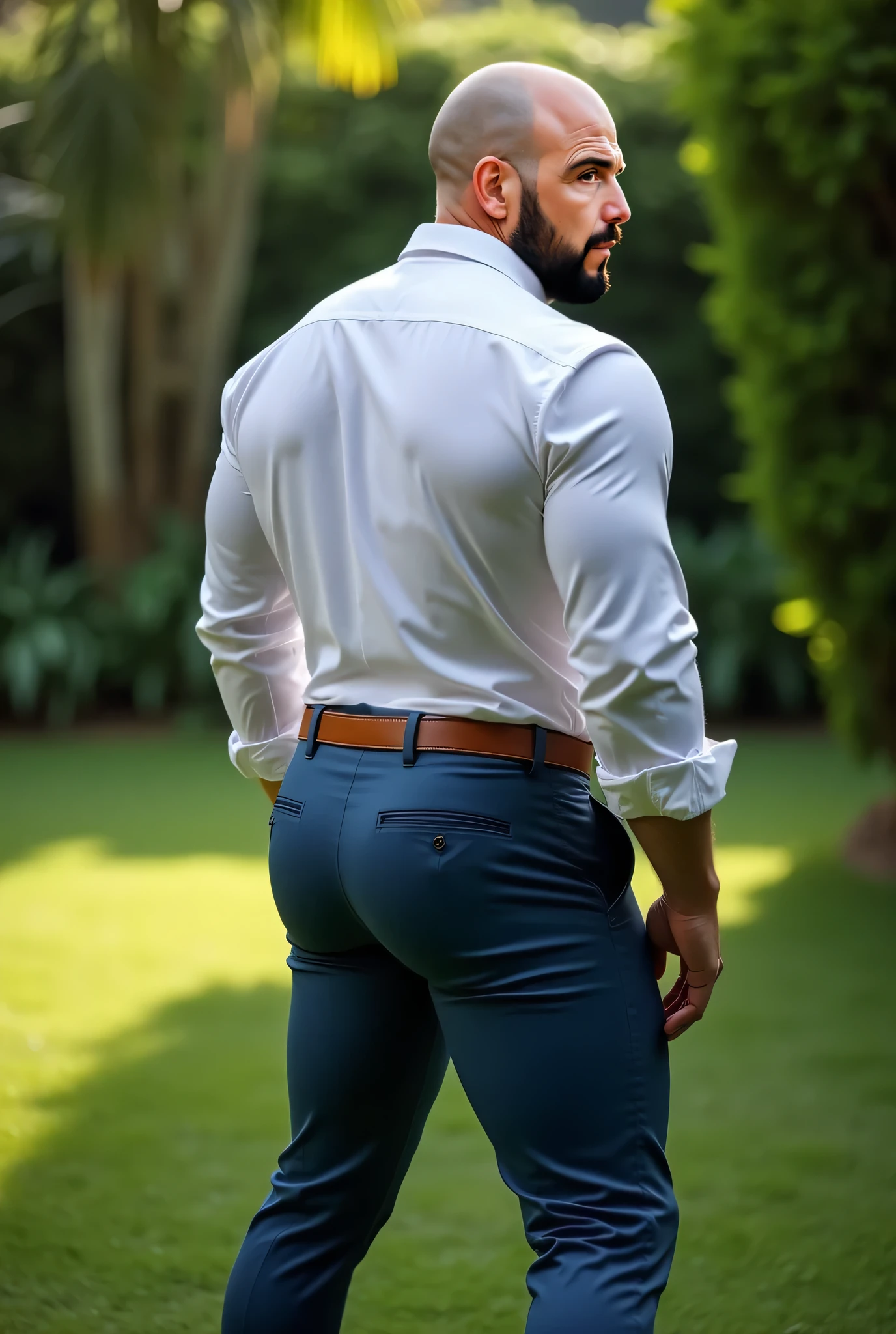 masterpiece, best quality, high resolution, (((very handsome man))) , male focus, solo focus, A man, 50 years old, grey hair, soccer player, football player, grey silver hair, messy hairstyle, cute and seductive face, bare chest, body hair, facial hair, roman nose, very skinny body, hairy legs, cute, dimples, goatee and mustache, bold jawline , full body, sweaty, in the background an outdoor soccer football field, view from below, amazing composition,, HDR, ultra quality, elegant, highly detailed, muscular man, gray formal trousers, (((Big butt))) (((backside)))