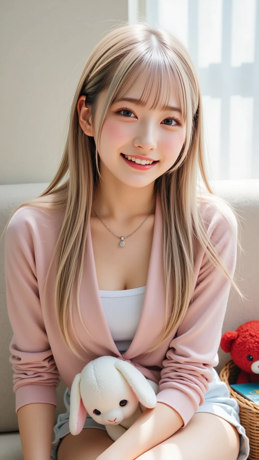 highest quality, masterpiece, 8k, ultra high resolution, (realistic: 1.4), 1 girl, beautiful face, symmetrical eyes, big, perfect body proportions, ((long hair、bangs))、((blonde)), woman、((Pink summer knitwear:1.4)), ((Hide your arms behind your back:1.5)), the gaze of the beholder, ((daytime city、blurred background)), look at camera、friendly smile、seems kind、cowboy shot