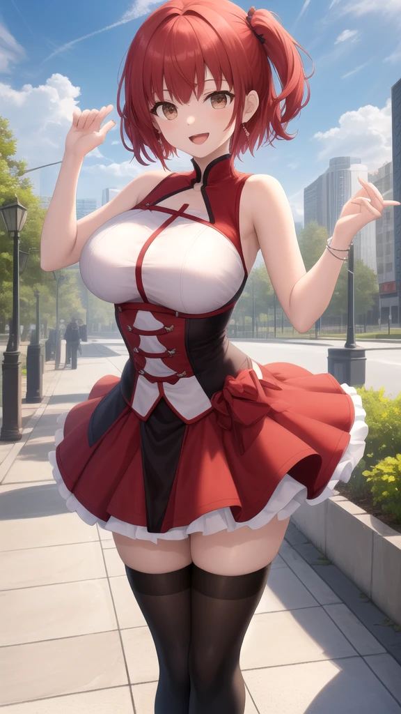 masterpiece, best quality, 1girl, solo, animegirl, houshou marine from hololive, houshow marine, big breasts, wearing red bra, stomach exposed, red pleaded skirt, thick thighs, belly, sexy, realistic physique, red hair, twintails, hands on her waist