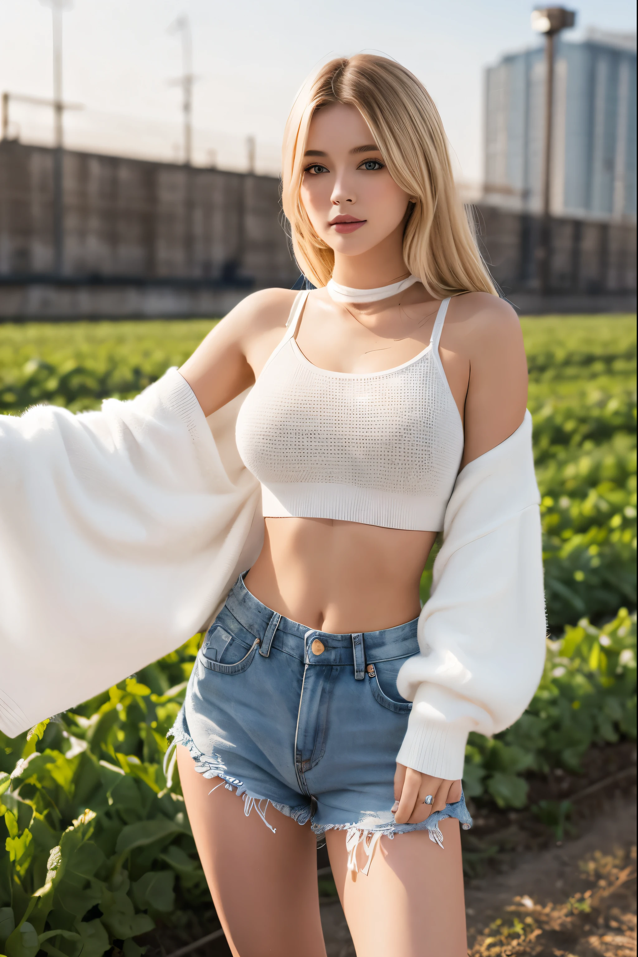 uma mulher linda com longos cabelos loiros usando um top bronzeado e legging, camisa apertada, vestindo camisa apertada de esporte, luz suave do lado, menina loira bonita, Garota sexy, 2 Modelo feminina de 4 anos, menina atraente, Deusa loira, blonde girl, pose lateral, white sweater, pose atraente, olhar sexy, com pano de fundo de luz natural, tampo branco, Pose casual, roupa apertada