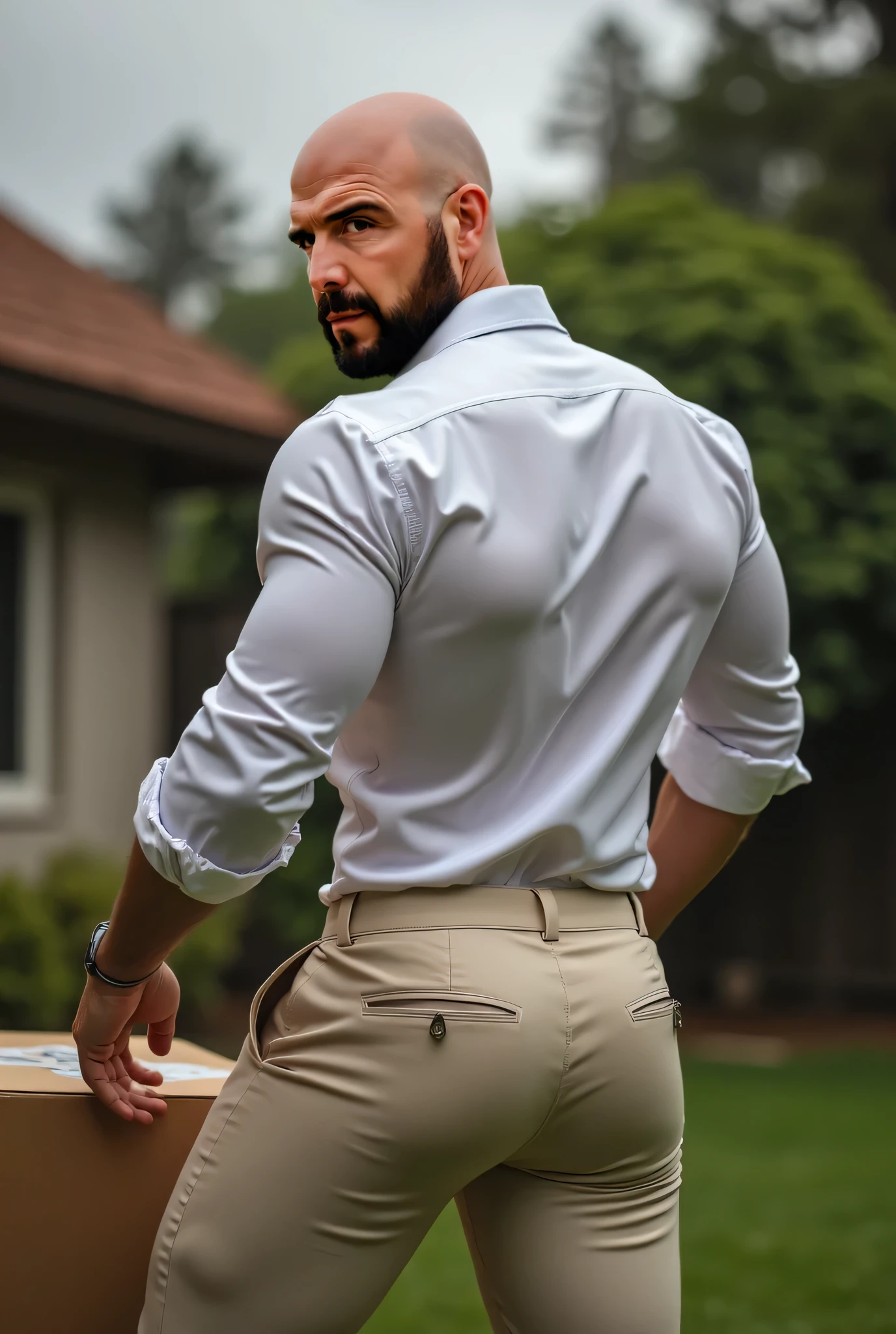 A Hispanic black man with a face that looks like Henry Cavill. black man, His body is muscular and he has a toothed beard.. Big Butt, in a moment of reflection. full body. Fajada shirt, semi formal clothing, grey pants, backside.