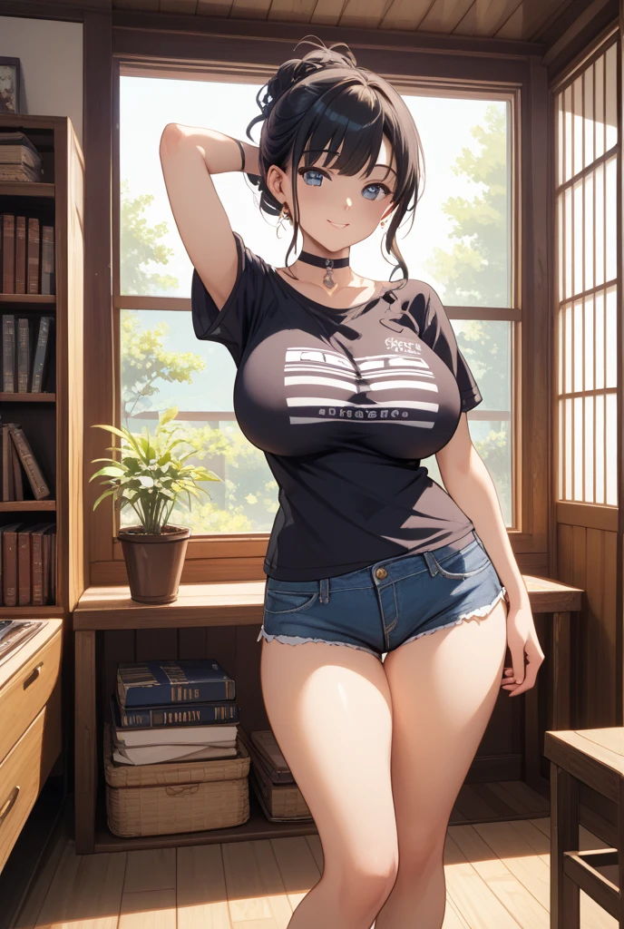 anime girl, sitting on desk, bookcases, t-shirt, no pants, short black hair, seductive smile, 18 years old, large breasts, nighttime, dramatic lighting