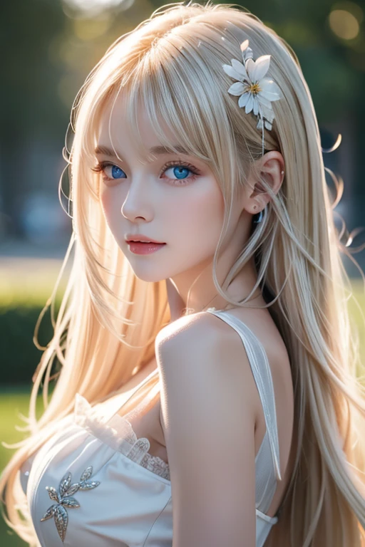 (Best quality at best:1.5), (Beautiful CG), (A high resolution:1.5)、The face sticks out from the photo、Green eyes、sapphire green eyes、Gloss on lips、Eye gloss、A smile、open your mouth slightly、Round and big eyes、silber hair、The background is the universe