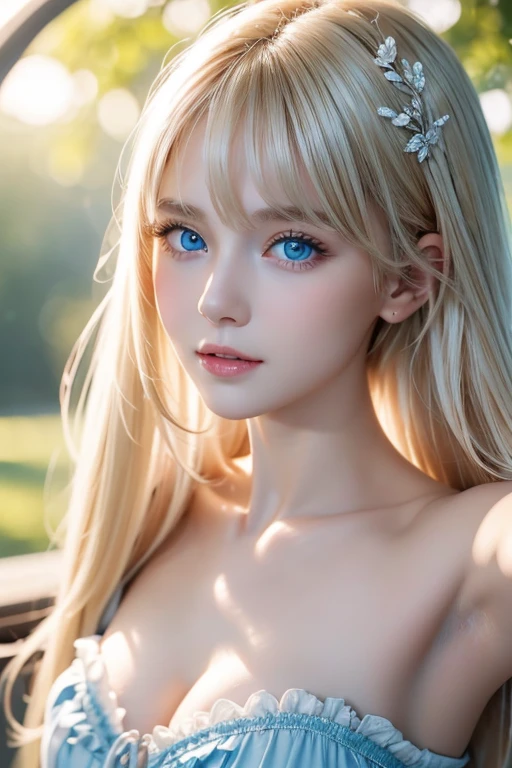 masterpiece、highest quality、High resolution、Highly detailed photos、Professional Lighting、(((Upper body naked)))、Strike a Pose、Sexy maid in the magical forest、The frilly apron must be worn on the lower body only、Portrait、Bright expression、Young shiny glossy white glossy skin、Great looks、Blonde reflection、Platinum blonde hair with dazzling highlights、Shiny bright hair,、Smooth, super long, straight hair、Shiny beautiful bangs、Sparkling, crystal clear, attractive big blue eyes、Very beautiful lovely cute 22 year old girl、Ample Bust、ponytail、Cowboy Shot、Photorealistic