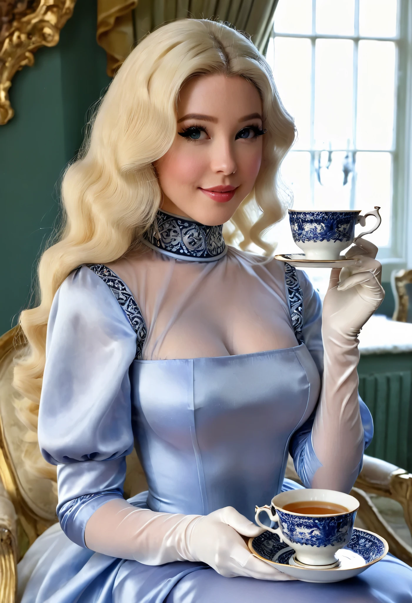 A heavenly and celestial and insanely and madly beautiful and elegant dominant royal sensual and sexy bimbo mistress in a sexy tight regal and very glossy fancy and long victorian high neck vintage English dress with long puffed shoulder sleeves, Belle Delphine, platinum blond hair, blue eyes, tanned skin, sits and has only one small royal teacup in her hand and the other hand holds only a small plate under the cup and drinking it with temptation and confidence, elegant and royal and luxuary and regal and dignify and arrogance and powerful and fearful like a true monarch appearnce that make this fictional character so respectful and mighty with enormous godlike beauty, she has four fingers and a thumb in each hands, her face is sensually alluring and fresh like a young and unmatched beautiful lordship, her body had fully covered and no single part of her body has shown even her hands had fully covered by white gloves, sensual and whimful atmosphere, her beauty is unmatched in the world, she is sexually excitement and whimful and lustful to seduce and allure and prevert, with a self-assured, beguiling smile suggesting her dominance and pride, her breasts are so big and swollen and pervertable, her expressions are prevertful and sexual as she wants to make you naked and offer your hard erected penis 