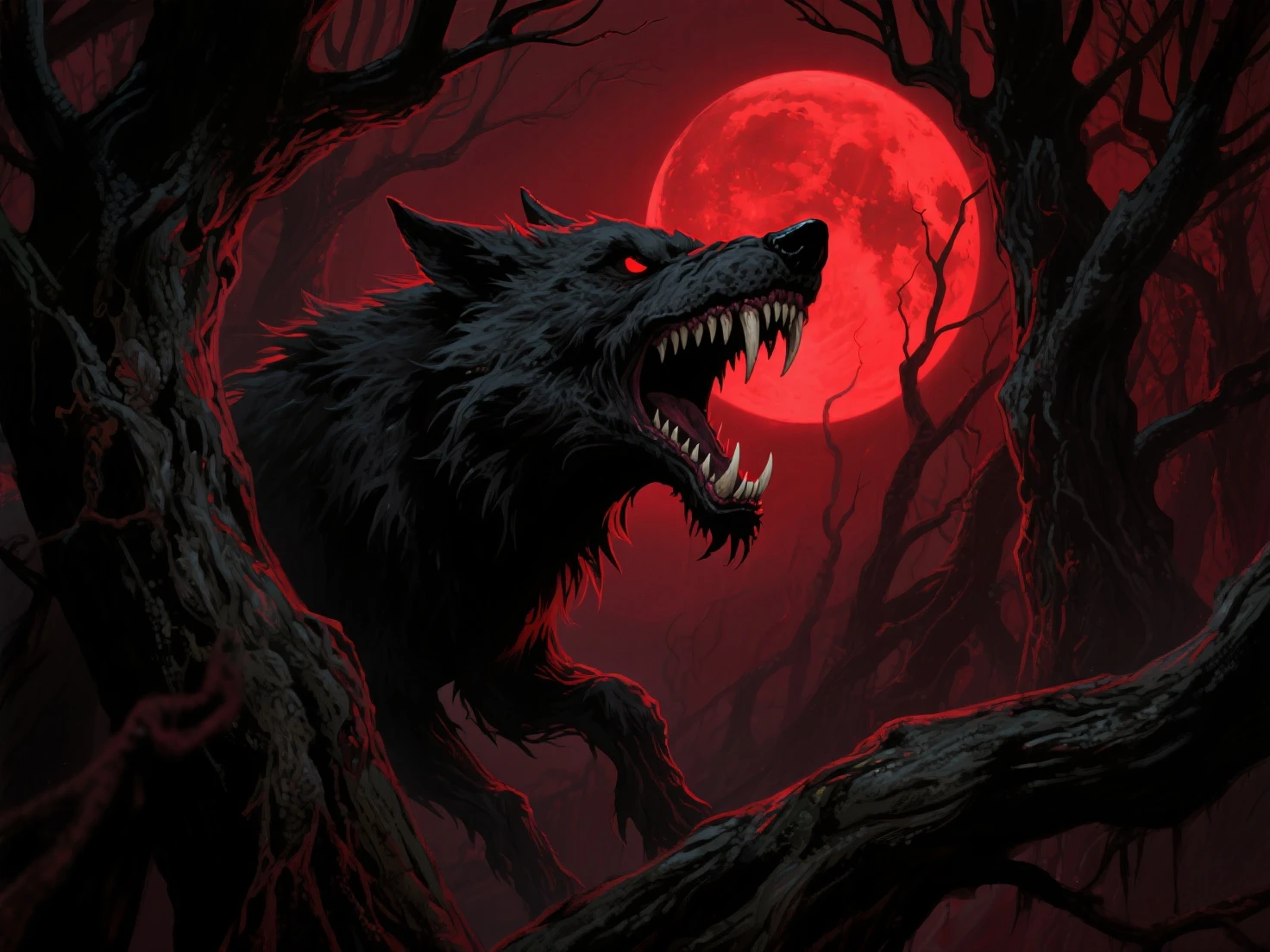 Werewolf glaring at the camera, glowing red eyes, bloody red fangs drooling with mouth wide open, fangs dripping with blood, bloody, sharp claws, black furr, muscular body, full moon, blue moon, black forest, forest, darkness, 