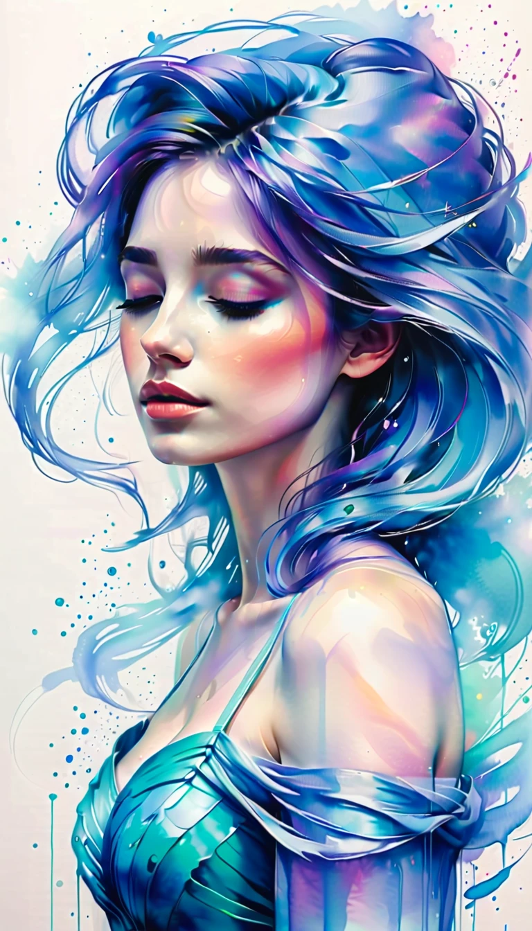 Close-up of half real person half with eyes closed, expressive numbers, inspired by Yanjun Cheng, digital illustration style, Digital painting, dripping skin, Digital painting, illustration, Digital Art Illustration, face melting, Beautiful acrylic fluid portrait, shiny numbers, digital heating, Paintings by Android Jones, Adobe Illustrator 艺术