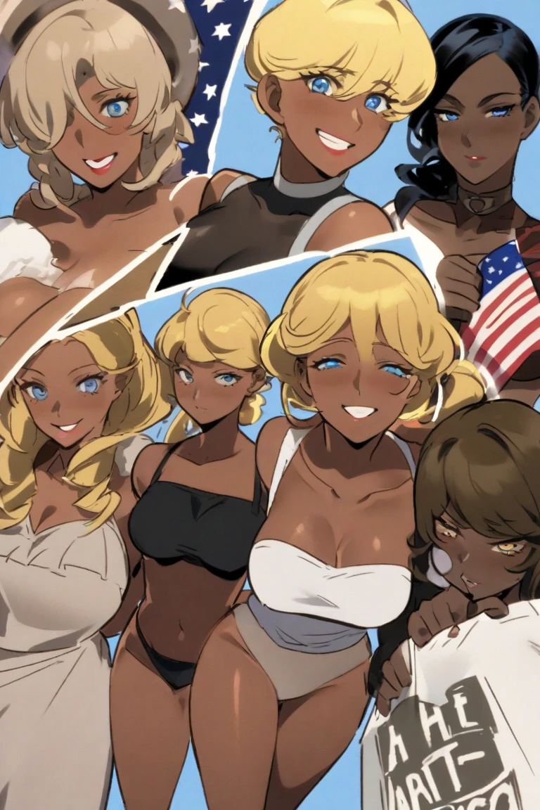 (Masterpiece), Best Quality, (Colorful:1.1), (5 girls, Group photo:1.4), (Slim Body:1.4), (Dark Skin:1.1), Blonde Hair, Silver Hair, Twin Tails, Braids, Forehead, (Slouched:1.4), (Happy Smile With Open Mouth:1.1), ( Wink:1.2),Peace Sign, (Stars and Stripes Bikini, Micro Bikini:1.1), Cowboy Shot, (Classroom:1.1),