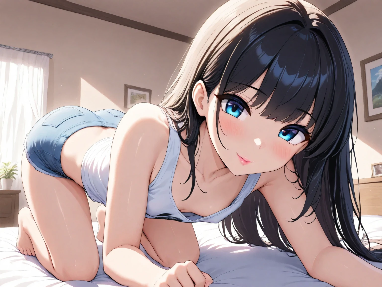 (best quality,4k,8k,highres,masterpiece:1.2),ultra-detailed,(realistic,photorealistic,photo-realistic:1.37),ponytail,black hair,high school girl,mini skirt,bedroom,on the bed,sunlight,bright colored clothes,slightly exposed necklin, White camisole、Bright blue miniskirt、Naughty pose、Put your hands behind your back,Spread your legs slightly