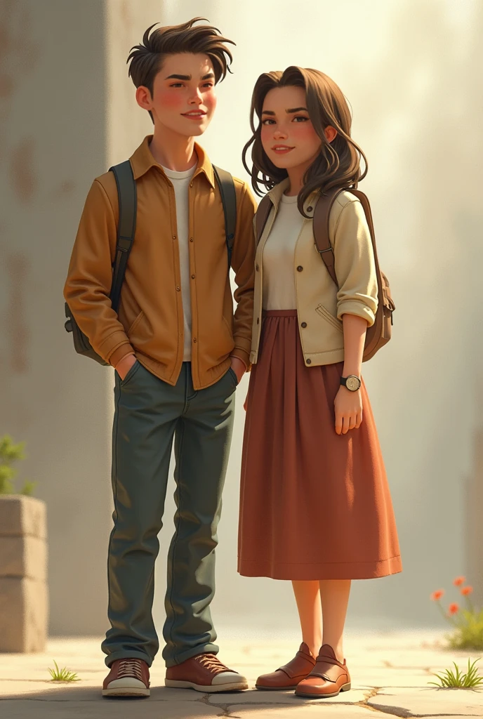 A girl with light white skin and dark brown hair., abrazando a su novio, un chico de piel morena clara, ellos dos abrazados 