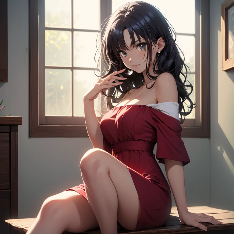 1girl,solo,(bright red lips,blush:0.9),(huge breasts,(sagging breasts)),happy,smile,looking at viewer,curled hairdo,sitting,
see-through,tight red dress,lace,black thighhighs,(spread legs,topless,nsfw),arms up,luxury room,
(dslr),(in dark,dark theme,night),masterpiece,official art,best quality,ray tracing,volumetric light,realistic,photorealistic,ultra highres,vivid,