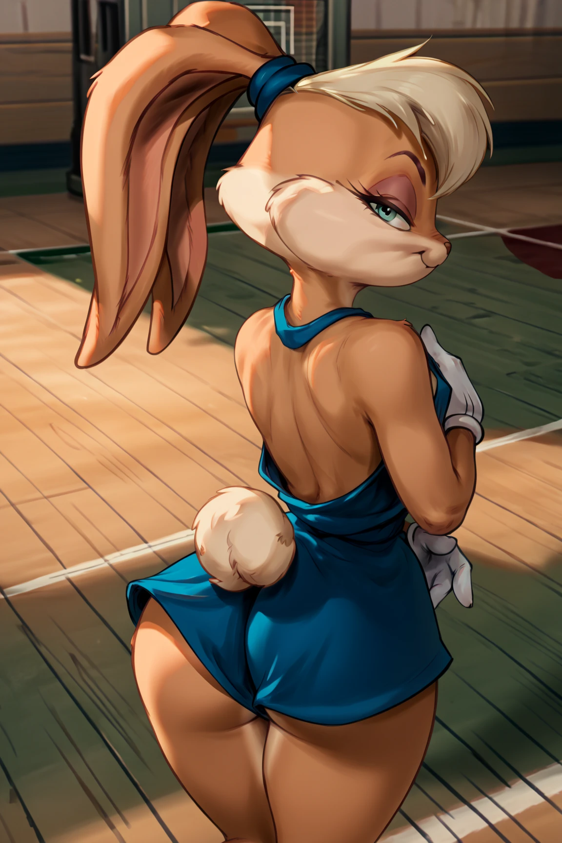 lola bunny, buttjob, from behind, smile, foreskin, gloves