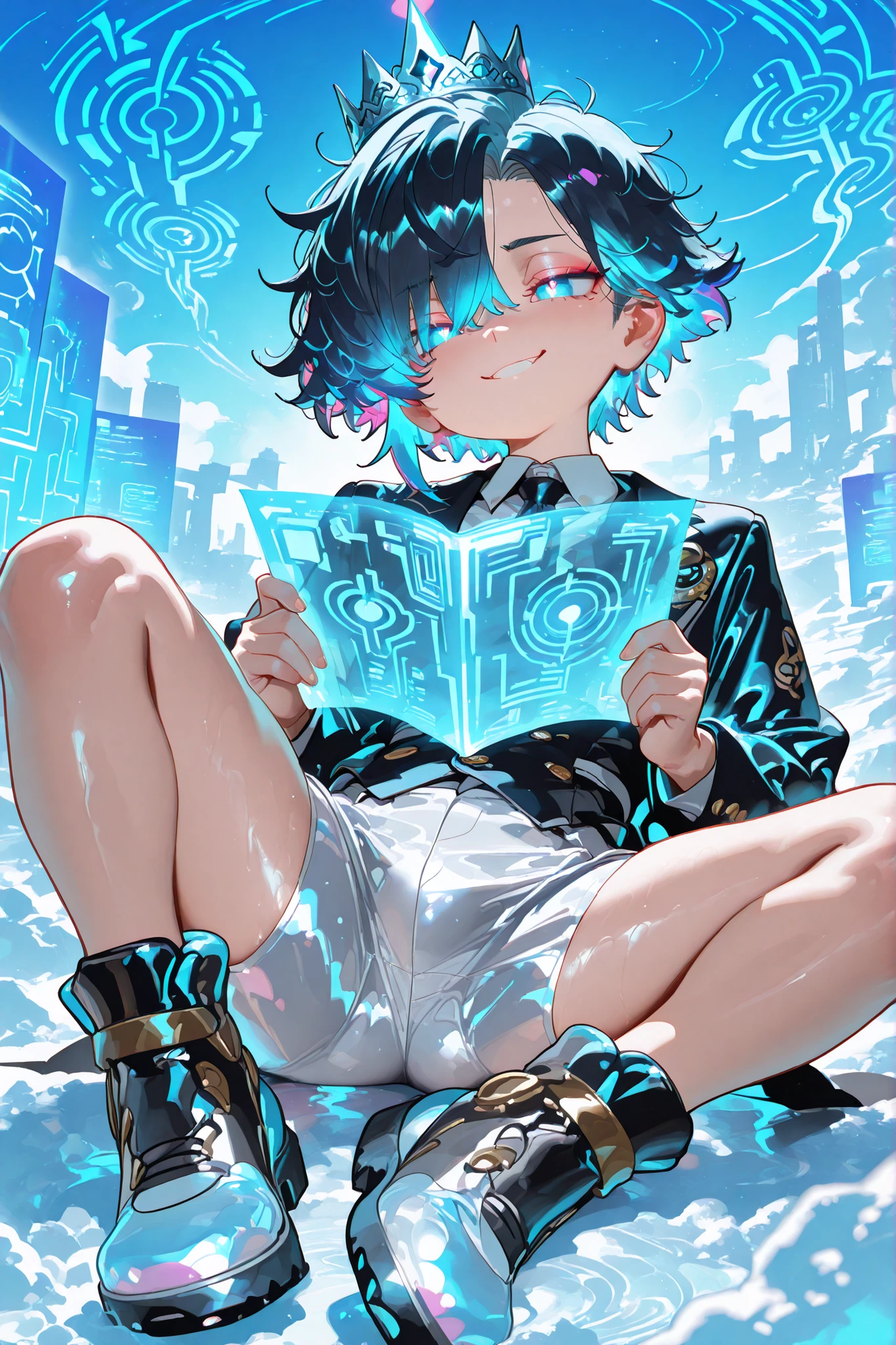 young slim athletic small boy focused very toddler young old boy, smooth glowing fair skin, unique messy layered messy hair split into pure white with neatly trimmed undercut, side-swept bangs partly covering one eye, sharp dreamy eyes matching the colors of his hair, wearing glossy combat holographic fantasy formal baggy swim shorts in white, red, and blue, clinging to his body with high collared buttoned blazer, and visible outline of his glamourous big crown, with holographic tech fantasy boots on glowing icy ground under a bright blue sky, his colorful hair, awesome sexy spread legs pose LYING ON HIS BACK WITH A SMIRK , soft serious misty aura of cold swirling around his barefoot , background of giant fantasy luxury holographic landscapes, anime-style, highly detailed, sexy fantasy energy, vibrant colorful fantasy vibe, holding a holographic book, heart warming happy face