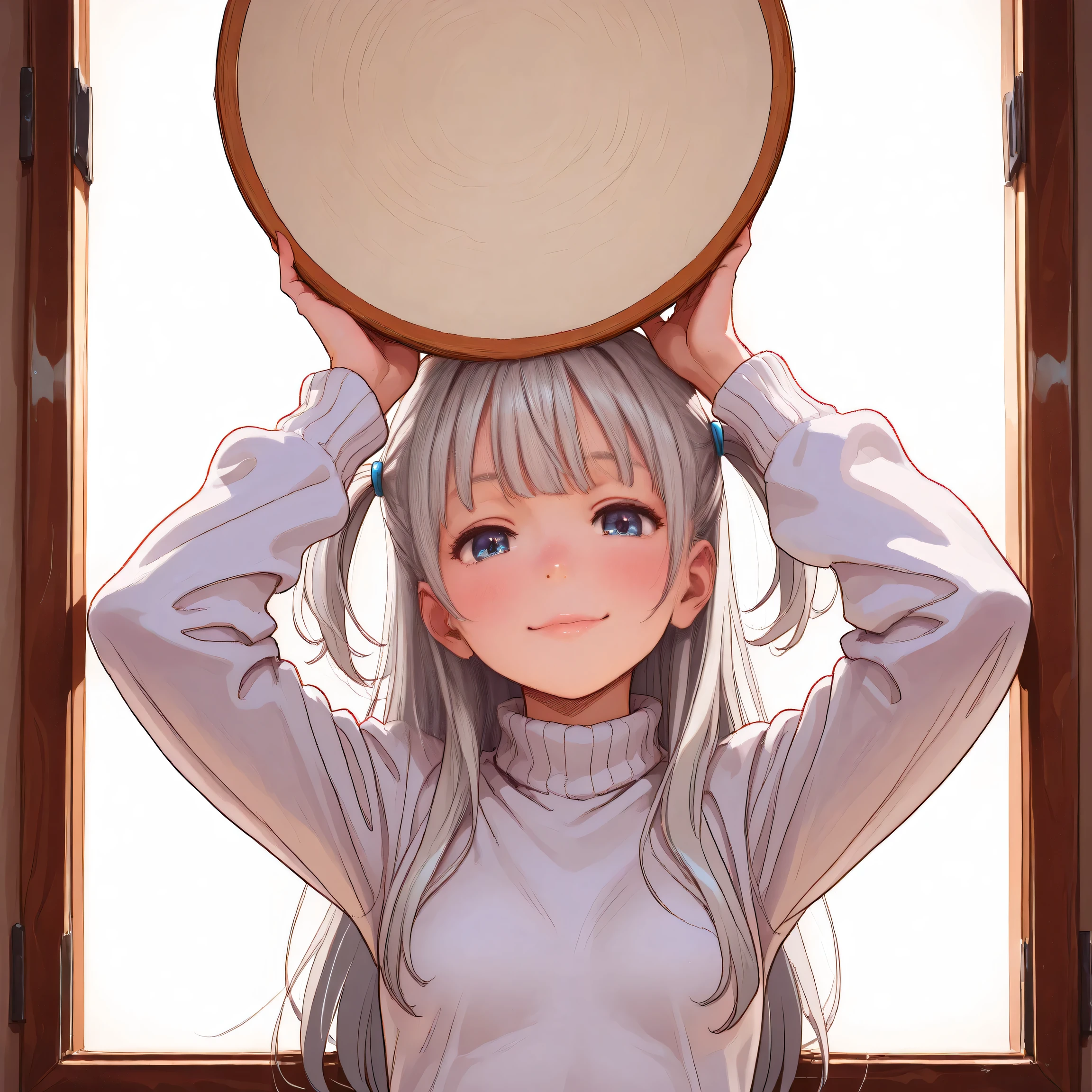 1 girl, (front view:1.9), (A person leaning on a window:1.3), (both hands raised above their head, holding a round board:1.5), gazing directly at the viewer, petite body, slender figure, small breasts, small frame, innocent smile, bright blue eyes, fair smooth skin, rosy cheeks, glossy lips, cute face, big expressive eyes, medium-length silver hair, silky smooth hair, soft front bangs, (twin side up hairstyle:1.3), hair tied up on both sides, loose back hair flowing down, silver hair tie, realistic hairstyle, (white turtleneck sweater:1.5), youthful appearance, Kyoto Animation, anime illustration, masterpiece, best quality, ultra high resolution, rich contrast, highly detailed eyes, ultra-detailed illustration, very beautiful and delicate anime face and eyes, realistic texture, RAW photo style, soft lighting, (no background1.3),