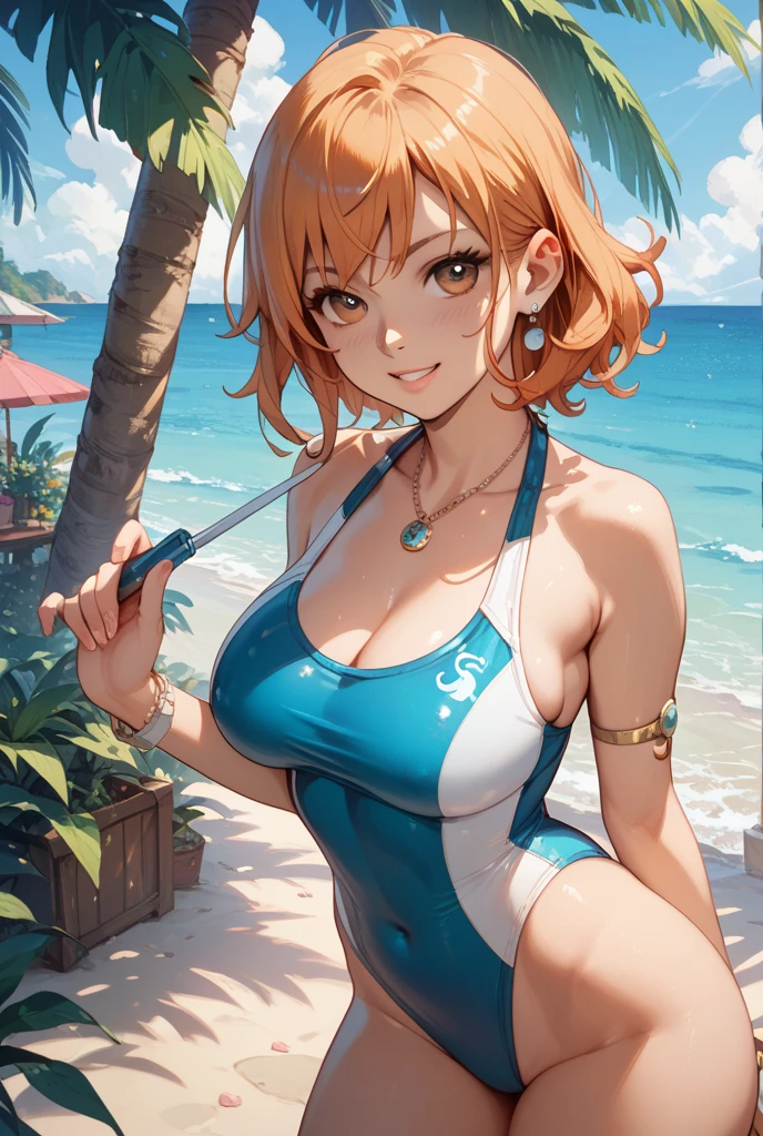 2D, masterpiece, top-quality, animesque, ighly detailed, 1girl in, 独奏, ((The bikini))、Blue swimsuit、 cowboy shot, bright orange hair、side poneyTail、Glowing red eyes、Red gloves、Sexy pose with hands on hips, the beach, sima, Palm trees, vague, A smile