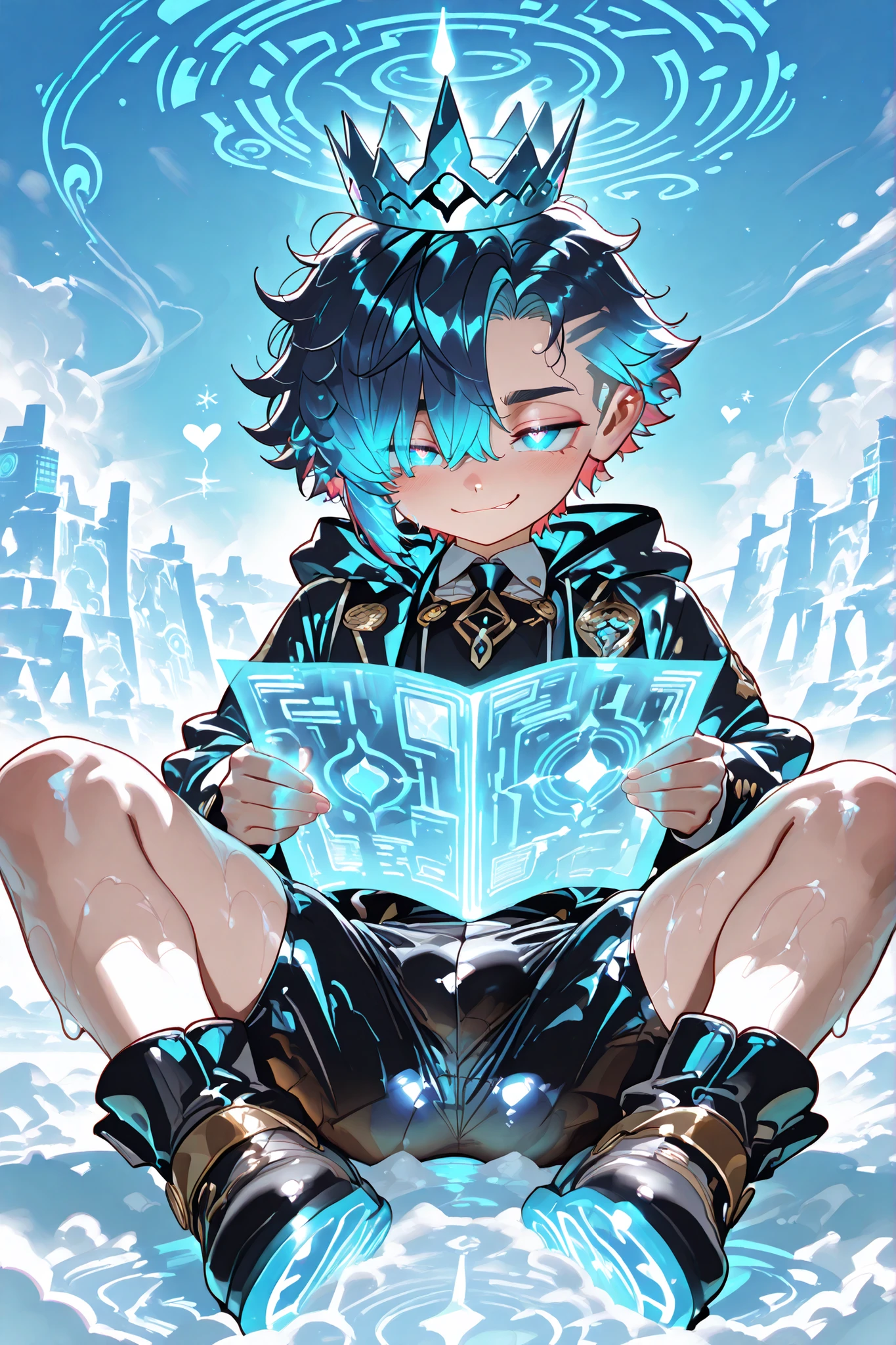 young slim athletic small boy focused very toddler young old boy, smooth glowing fair skin, unique messy layered messy hair split into pure white with neatly trimmed undercut, side-swept bangs partly covering one eye, sharp dreamy eyes matching the colors of his hair, wearing glossy combat holographic fantasy formal baggy swim shorts in white, red, and blue, clinging to his body with high collared buttoned blazer, and visible outline of his glamourous big crown, with holographic tech fantasy boots on glowing icy ground under a bright blue sky, his colorful hair, awesome sexy spread legs pose LYING ON HIS BACK WITH A SMIRK , soft serious misty aura of cold swirling around his barefoot , background of giant fantasy luxury holographic landscapes, anime-style, highly detailed, sexy fantasy energy, vibrant colorful fantasy vibe, holding a holographic book, heart warming happy face