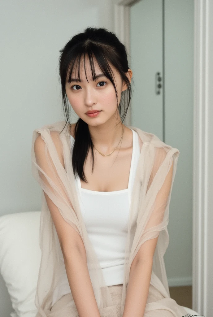 (8k), (highest quality: 1.2), (Realistic), (Realistic: 1.37), Ultra-high resolution,RAW Photos、 1 girl, Head to knee photo、cute, smile, Mouth closed, Beautiful details, Beautiful Nose, whole body, Wet Hair, Giant Dulcefo, pork, , (Small breasts)、Flat Chest、Breast like a 、A tight white blouse and pastel-colored cardigan that clings to her breasts、Nipples are visible through the、Voluptuous thighs、dolly make、Odd Eye、Heterochromia iridis