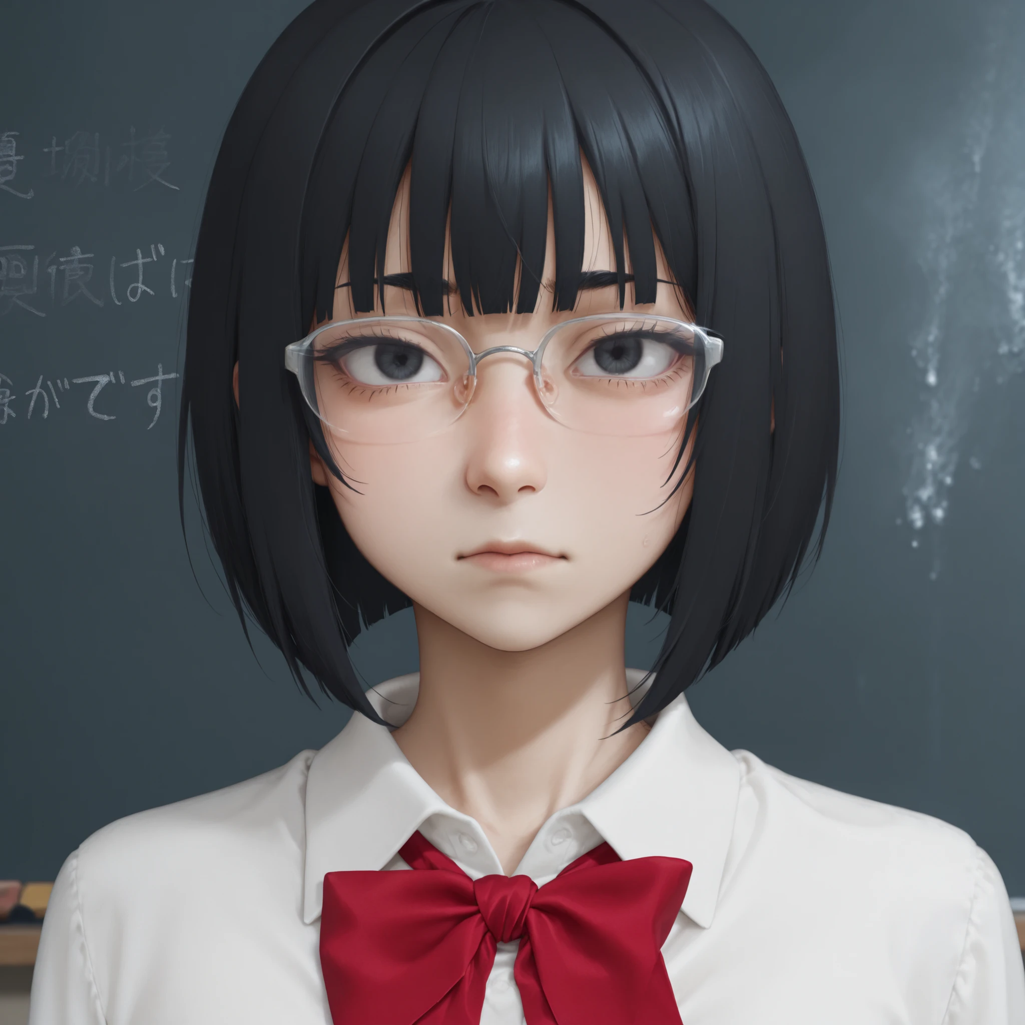 Portrait、pretty girl middle school student short bob hair covering a waterfall black hair The bangs are straight eyebrows are hidden by bangs sharp eyebrows Rim Glasses Narrow, sharp eyes COLD EXPRESSION white shirt big red ribbon on chest real detailed face realな質感 The background is a classroom blackboard The bangs that are slightly angled look straight ahead a dignified expression