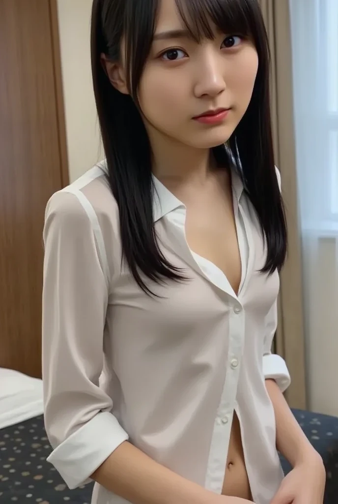 (masterpiece:1.2), Very detailed, Ultra-high resolution, (Realistic, photo Realistic:1.37), High-resolution RAW color photos, Professional photos, Dramatic lighting, Sharp focus:1.2, (Very detailed顔と肌の質感, Very beautiful eyes, Glossのある肌, Glowing Skin, Glowing Skin, Shining Face, Gloss, Oily skin, greasy face, Oily skin, greasy face, 強いGloss), Perfect Anatomy, Very detailed背景, 1 female, 25-year-old woman, Japanese women, (Short Bob Hair, Straight hair, bangs:1.3, Brown Hair), (Lean:Weight 1.0), (Flat Chest:1.5), ((Bedroom)), (((night))), (((Dark Room))), Thighs, ((((Too sensual、Erotic、Invite to sex)))), ((Sensual)), Warm color scheme, ((Glowing Skin)), (((Sit on the bed))), (Please raise your hand), ((suit)), (See-through white shirt), (Revealing bra),((Cleavage:1.0)), (((Black pencil skirt))), (((mini skirt))), (((((undressing shirt))))), (((((Half-naked shirt))))), (real Glossのある肌 texture), (Glowing Skin), ((Scary face)), ((Displeased)), ((On the verge of tears)), (((White skin))), Browsing Caution