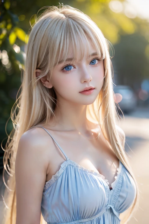 night、RAW Photos、(((A portrait of extreme beauty)))、((Glowing Skin))、1 girl、15 years old beautiful girl in Prague、((Natural light blonde hair))、[blue eyes]、Shiny, glossy skin、Silky long straight hair、eyeliner、Long Bangs、Hair between the eyes、Fluttering Hair、((masterpiece、最high quality、Super detailed、Film Light、Intricate details、High resolution、8K、Very detailed))、Detailed Background、8K uhd、Digital SLR、Soft Light、high quality、Film Grain、Fujifilm XT3 、Shallow depth of field、Natural light、（Perfect hands）、Perfect pretty face