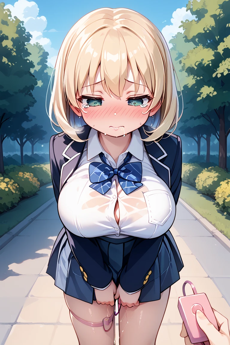 White long sleeve shirt、blue tie、Blue Skirt、Black tights、Blonde、Ahoge、Short Hair、A face that is trying to endure pleasure、Saber、、bedroom、Like the whole body、Sweaty、blush、Nipple erection、Costume see-through with sweat、Futanari no Woman(Matou Sakura)を逆レイプするSaber