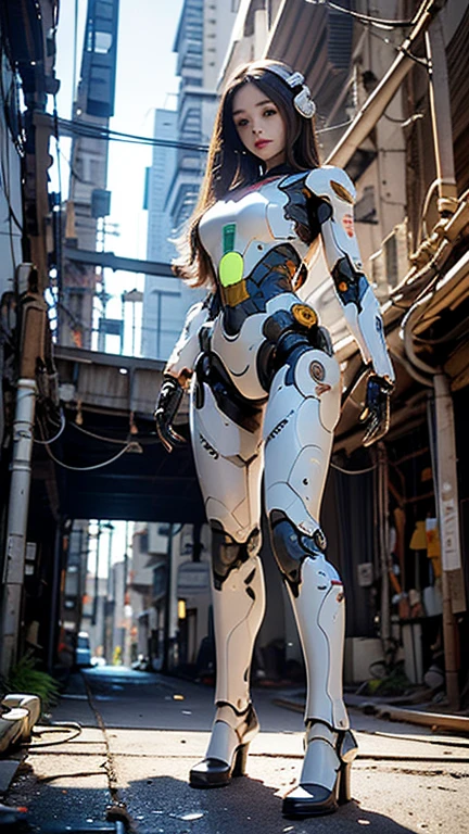 (magazine cover:1.3),ulzzang-6500, (realistic: 1.3) (original: 1.2), masterpiece, best quality, (((beautiful clean face))), fullbody, ((robot girl, mecha)), broken armor, mechanical halo, mechanical arms, white hair, long hair, ceramic body, thigh gap, small breast, cyber background, extreme detailed city, EVA 02,Souryuu Asuka Lanley,(translucent body, reflection skin), 8k, best quality, ultra detailed, (hyperrealistic:1.4),