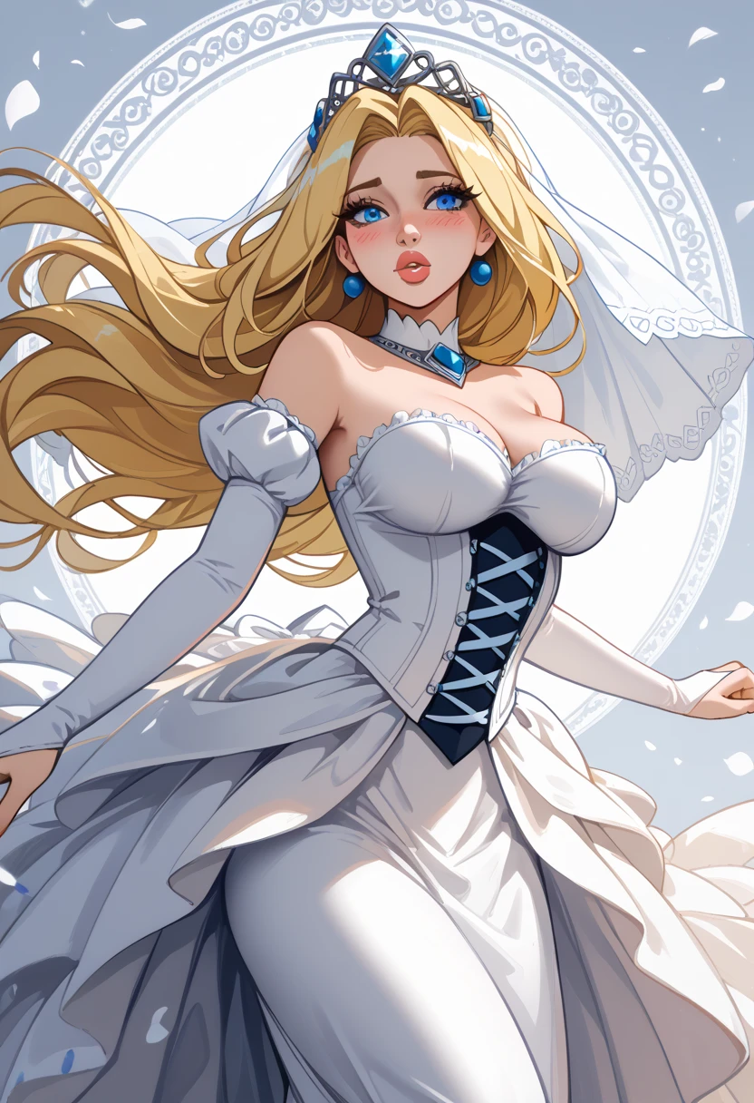 1 girl, solo, angel wings, feathers flying around, elegant white dress, blurred background, heavenly background, long blonde hair, bright blonde hair, very long hair, pale blue eyes, bright eyes, smiling, happy, long white dress, modest cleavage, glowing wings, long white ribbons in hair,perfect light