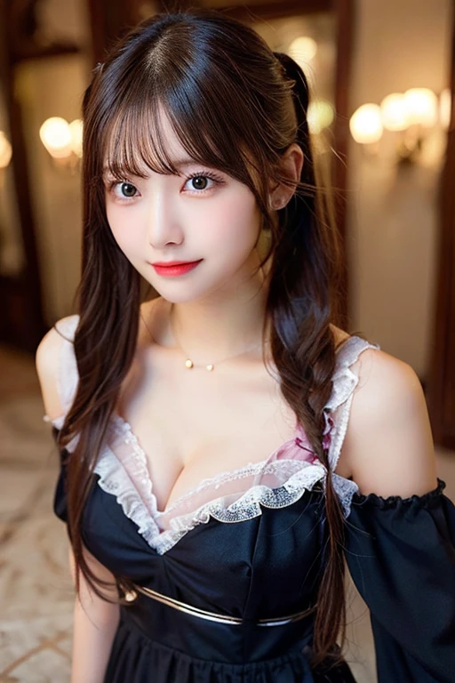 ((masterpiece: 1.3),8k, Realistic, RAW Photos, Highest quality: 1.4), (One Girl), beautiful顔, (Realistic Face), (Brown long hair: 1.3), bangs,  Perfect dynamic composition,(High quality with attention to detail, Realistic depiction of eyes:1.3)、(((Traditional black and white maid outfit、Cleavage、Headdress、Black choker))),(((full boody,whole body:1.5))),The whole is facing forward、２１talent、beauty、Well-formed face、Even out the eyes、beautiful黒髪、Banditium Build、Balanced ratio、beautiful足、Fresh face、beautiful景色、beautifulヘアスタイル, (bangs), (smile), smile, Realistic eyes, Gloss, highlight, highlight in the Eyes, eyelash, 目の中のbeautifulディテール, (Realistic Skin), Shooting from the air、beautiful肌, Transparency、(beautiful)、 bust, smile, teeth, Confused, charm, 超High resolution, Ultra-realistic, High resolution, Golden Ratio, clear eyes, Wet, Looking into the camera, ear, Shine, Long neck, double eyelid, Thin eyebrows、Big eyes, cheek, kind character, charm personality, kind, 圧倒的なcharm, bright personality