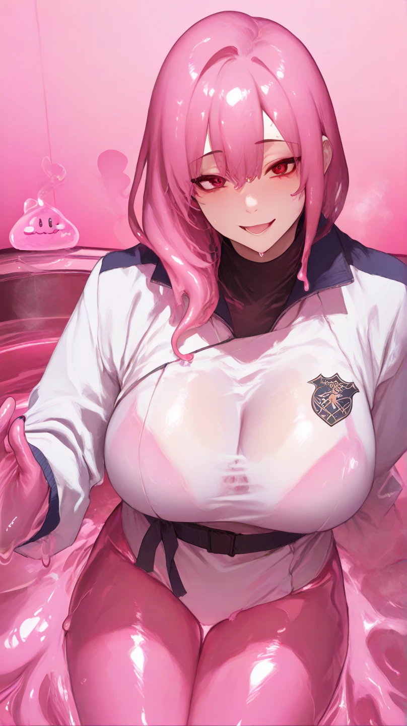 (upper body,from front),(1 girl,drooping eyes,smile,point at viewer,brown skin),(gigantic breasts:1.5),(short hair,pink hair,red blazer,black miniskirt),dutch angle,close to viewer,in darkroom