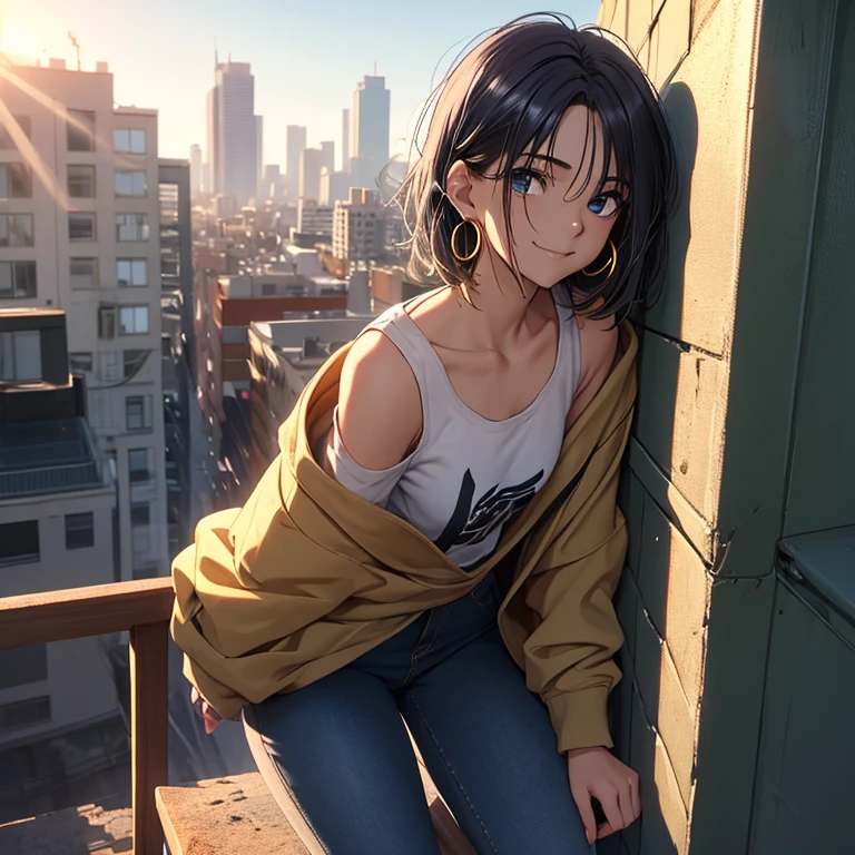 (((Masterpiece, Best Quality, Vibrant Colors, Morning Illumination))), (Sunlight Rays, 4K Wallpaper, High Resolution), Soft Lighting, Emerging Shadows, (Daily Scene, New Beginning), (Outdoor Setting, Urban Landscape), (9:16 Aspect Ratio, Square Format), Coffee Shop, (Window Reflection), (Window Sill Flowers), (Cement Symmetry), (Vintage Building), (French window design), (Steel window frames), (Classic Architecture), (Wooden Window Sill), (Aged Glass), (Smiling Woman), (Casual Attire, Jeans, T-