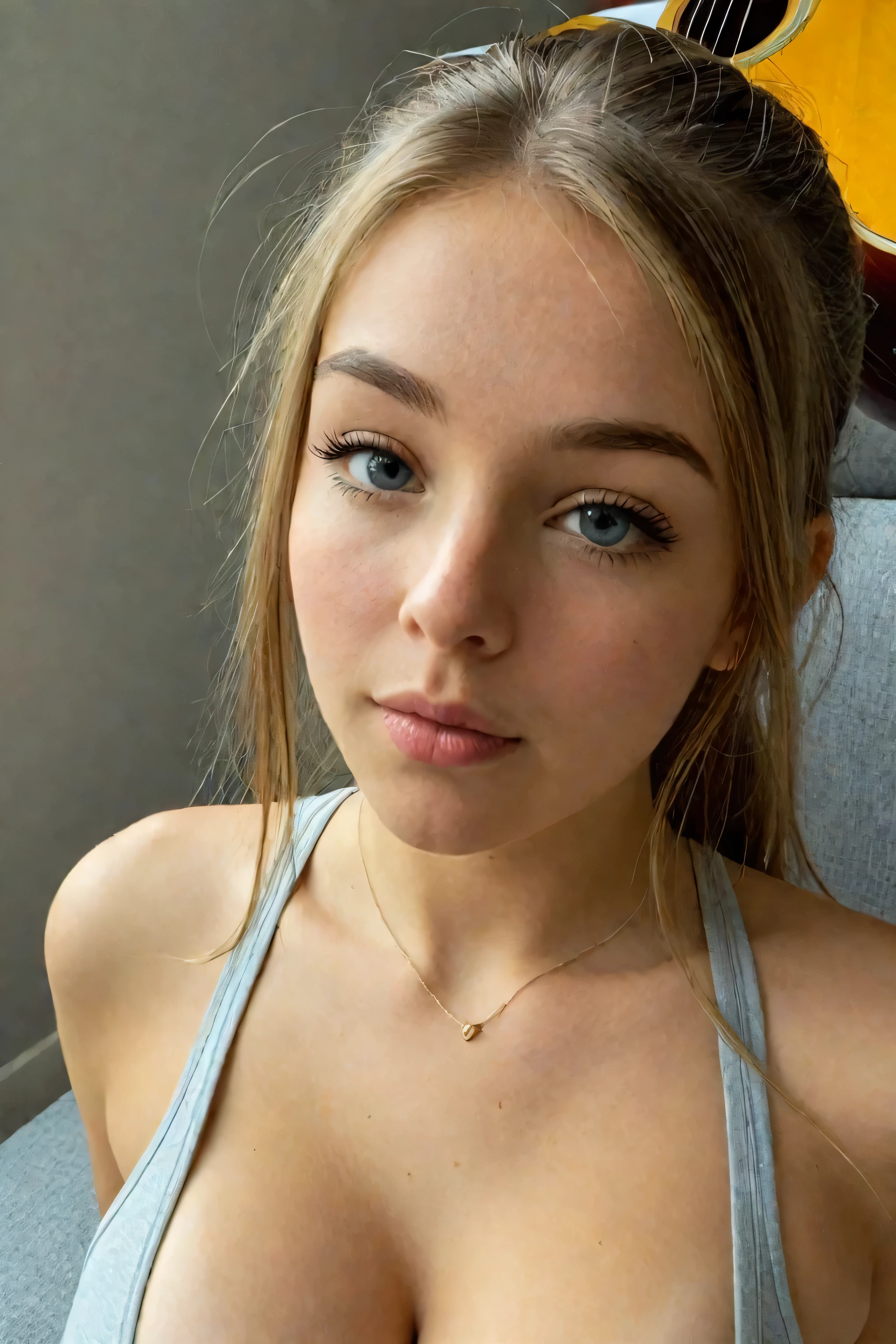 Symmetrical, High Detail RAW Color Photo Professional Photo, [:( High Detail Face: 1.2): 0.1], (Overhead view: 1,4), chloe grace moretz looking up at camera, pores, real skin, large breast focus, shining eyes, looking at the audience, shadow, bloom, natural lighting, hard focus, film grain, photographed with a Sony a9 II Mirrorless Camera, realistic, post-processing, maximum detail, beautiful thin blonde , large perky breasts, full body picture, panties, pig tails