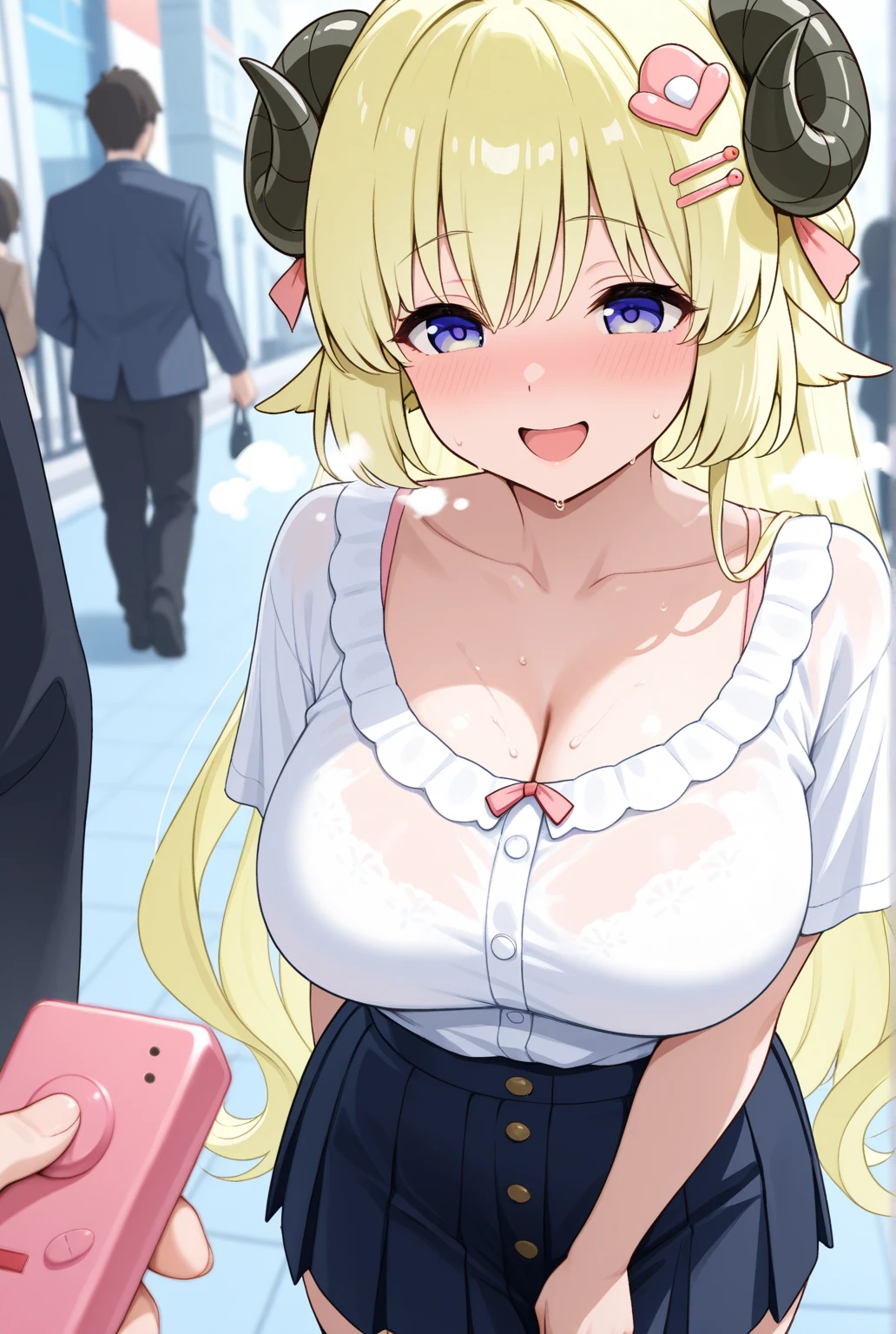 masterpiece, best quality, very aesthetic, absurdres, 1girl, embarrassed,tears_in_eyes, mature_lady,huge_tit, naked_shirt,in subway,In the crowd,marie_rose(dead_or_alive), dead_or_alive_5, 1girl, long_hair, twintails, blonde_hair, x_hair_ornament, ,luminous butterflies, fluttering butterflies,