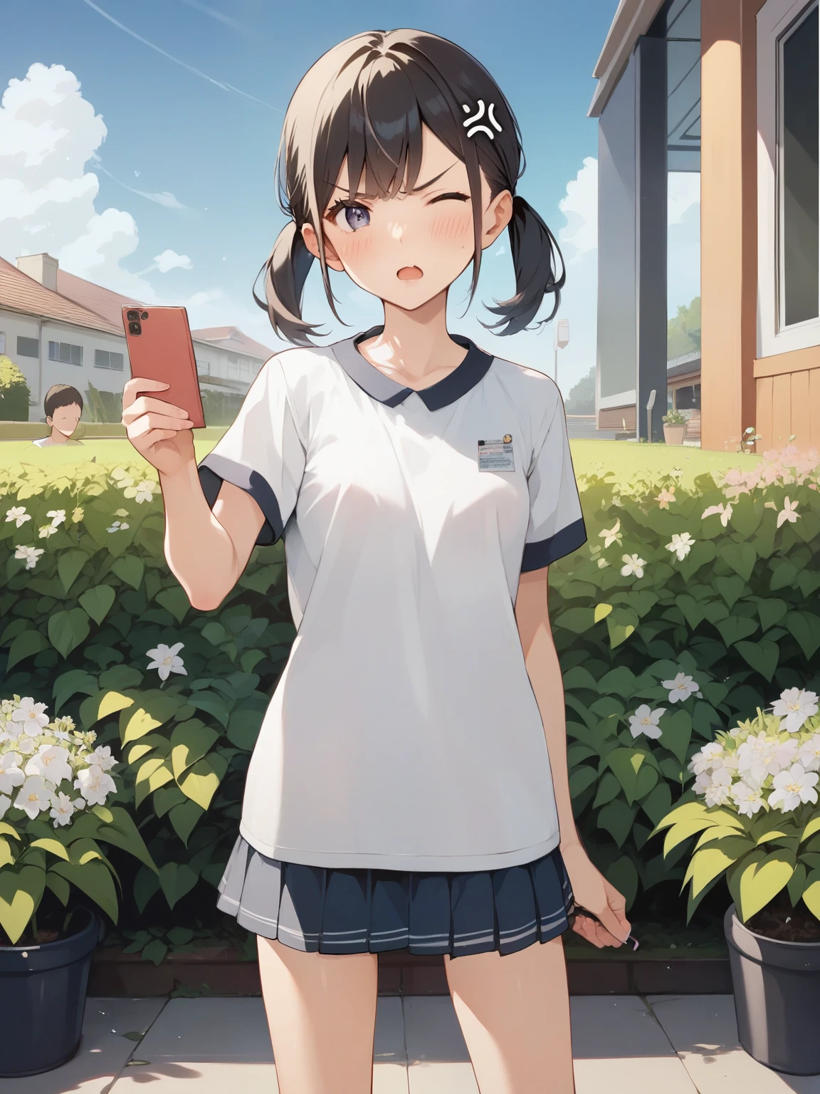 score_9, score_8_ up, score_7_ up, score_6_ up, score_5_ up, anime,nsfw, uncensored,girl,small breasts,Petite,skinny,Dairy Free,with bangs,elementary school student, young,anger,hair length is bob,photo shoot,garden,work, ugly lens clothes under a blue sky , surrounded by flowers ,