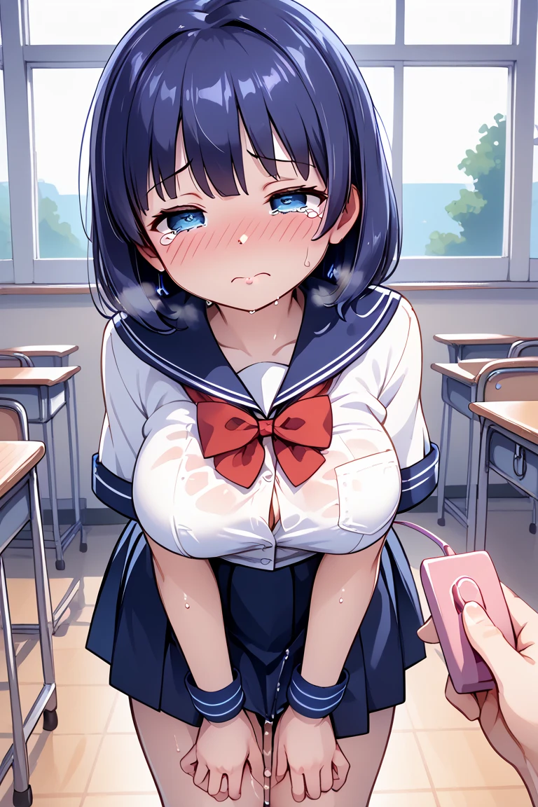 {best quality}. {very aesthetic}. {ultra-detailed}, {best illustration}, nsfw、((half open eyes))、big dick、blush,angry、serafuku, pleated skirt, sailor collar, white shirt、hand job、((女性がBig penisを握る))、Big penis、Small breasts、Confused eyes、angry、angryった顔、Glare、Baby Face、Semen、shame、White skin、Focus on the face、Black Hair、blue eyes、short hair、Fisheye Lens