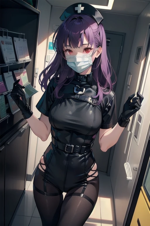 black nurse, 1girl, solo, black nurse cap, black nurse uniform, ((black legwear, zettai ryouiki)), black elbow gloves, twintails, yellow hair, purple eyes, ((black surgical mask, covered nose)), standing, ((surgery room)), sharp outline, short sleeves, best quality, masterpiece