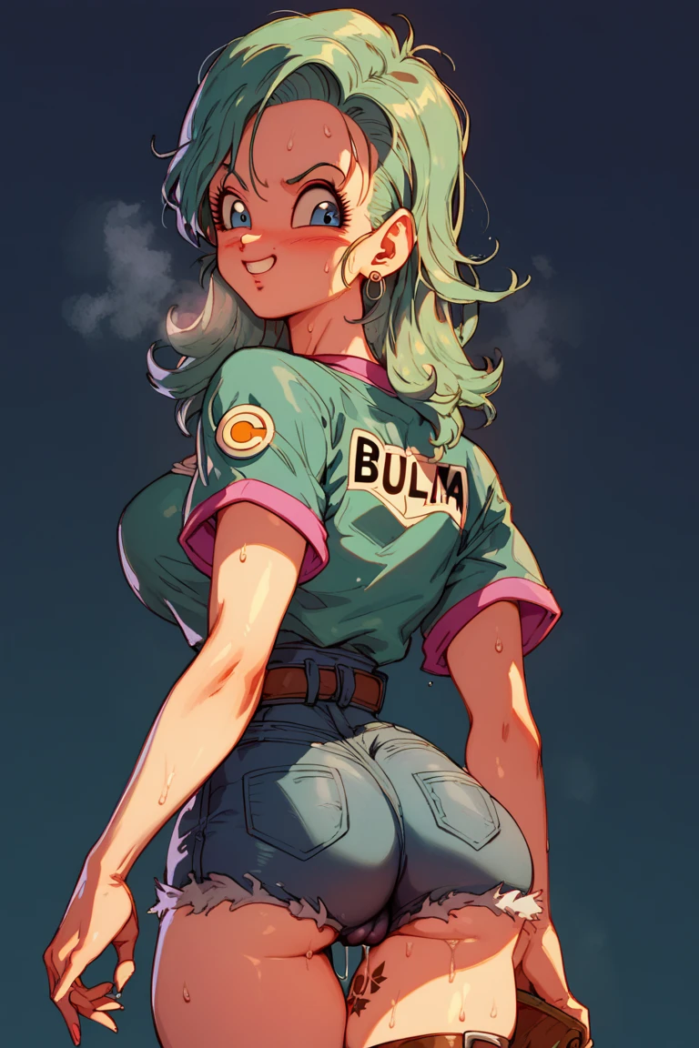 masterpiece, best quality, high resolution, dragon ball, blmpony, aqua hair, hair ribbon, braided ponytail, pink shirt, belt, scarf, pink skirt, clothes writing, brown gloves, medium breasts, in back pose, ultra mini pink dress, high showing her ass, show booty ((half naked)))