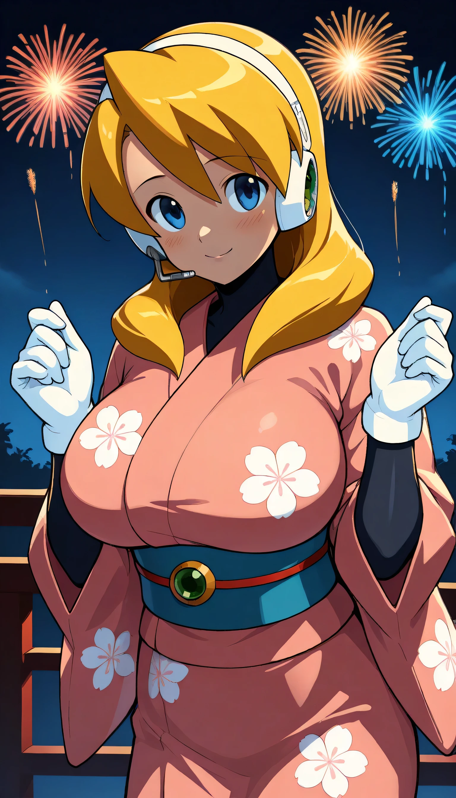Give your images flat even illumination (negative) or dramatic chiaroscuro lighting (positive). Huge breast, ,1girl, , , fireworks, japanese_clothes, solo, , smile, , , , , kimono, , sash, , , looking_at_viewer, night, blush, outdoors, obi, asymmetrical_bangs, floral_print, bangs, w_arms, , sky, yukata, , , cowboy_shot, standing, hands_up, night_sky, pink_kimono,Alia (mega man), 1girl, solo, long hair, breasts, blue eyes, blonde hair, gloves, white gloves, headset, android, robot ears