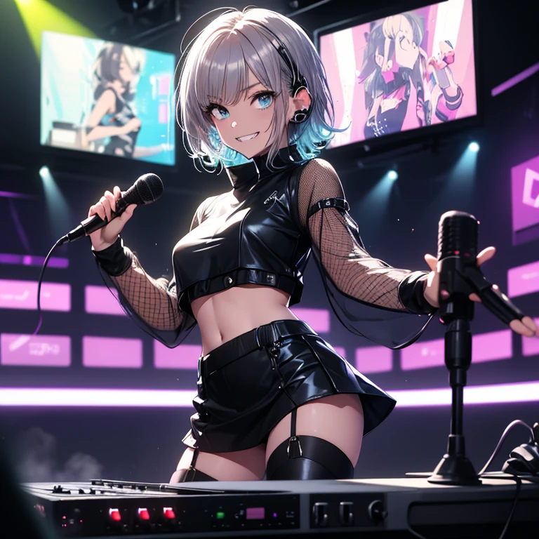 (Anime Style:1.3), (Realistic, Realistic: 1.37), (masterpiece, Highest quality: 1.37), (超High resolution: 1.2), (RAW Photos: 1.2), (Sharp focus: 1.3), (Face Focus: 1.2), (Ultra High Definition CG Integrated 8K Wallpaper: 1.2), (Beautiful Skin: 1.2), (青White skin: 1.3), (Hyper Sharp focus: 1.5), (Ultra Sharp focus: 1.5), ( Beautiful pretty face: 1.3), (Japanese actress face:1.3), (Highly detailed background, Detailed Background: 1.3), masterpiece, Highest quality, High resolution, Super detailed, Hyper Sharp, Absurd, Detailed face, Photon Mapping, White skin, Real human skin, (Detailed face), Oval Face, pores, From below, Low - Angle, Looking down at the viewer, ultra High resolution, (8k, RAW Photos, Realistic:1.4), break, One girl, slim, (Big Breasts:1.37, Cleavage), Illustration of a scene where an idol singer is singing passionately on a live stage.
An idol singer stands in the center of the stage.
The idol singer wears a miniskirt and boots..
The idol singer has her hair up、Wearing a headset.
An idol singer is singing with a microphone.
The idol singer's expression is serious and powerful.
The singer's voice is strong and beautiful..
Fans gathered around the stage.
Fans are singing and dancing along with the idol singers.
The venue was filled with excitement.
This illustration depicts an idol singer's passionate live performance.. Fans are enchanted by the voice and performance of idol singers. The venue was filled with excitement and the idol singer's live performance is a success.
