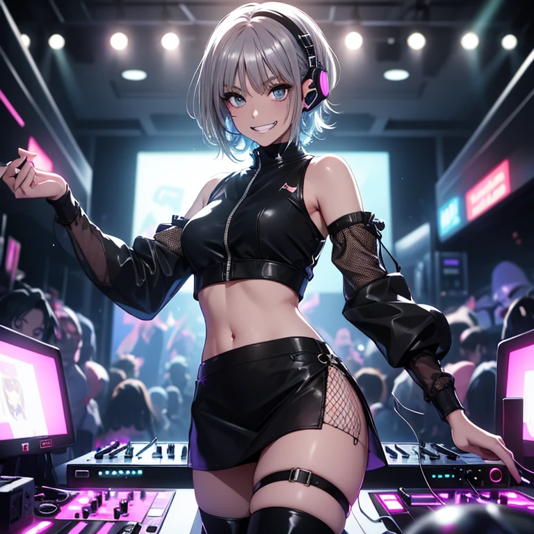 top quality, (Masterpiece: 1.3), (Maximum resolution: 1.2), (Ultra HDTV: 1.2), Cinema light, Ultra HDTV, (Detailed eyes and skin), (Detailed facial features), HDR, 8k resolution, Sharp Focus: 1.2, (solo DJ girl:1.6), ((She rocked the floor with her DJ booth play, motion blur: 1.6)), (dynamic angle:1.5), (dynamic pose:1.5), Perfect style, beautiful face, accurate, anatomically correct, highly detailed face and skin texture, detailed eyes, red eyes, double eyelids, thin eyebrows, glitter eyeliner: 1.2, blushed cheeks, round face, glossy skin, fair skin: 1.2, (glossy lips: 1.4),(flashy makeup:1.6), (heart shaped pupils) BREAK first-person-view, ((Wearing vivid latex bikini top, extra low rise denim shorts as bottom, and sexy side tie panty :1.6)), (playful accessories:1.5), ((DJ headphone:1.6)), (confident look:1.2), (excited:1.8), innocent and Cute girl, ((( glossy white slver hair with vivid black side line:1.5 ))), (( spiked pony style, messy hair, putting sequins on her hair:1.6)), BREAK (Full body shot: 1.2), (focus on navel), (medium large breasts:1.2), ((( at the RAVE party deep in the mountain , at night : 1.6)), (full of enthusiasm:1.6),