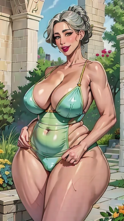 (work of art), best qualityer, expressive eyes, face perfect, 1 girl, breastsout, massive breastsout, standing alone, Abdomen, short green hair, pretentious smile, tatsumaki, mature woman, sensuous, milf, swimpool, gazing at viewer, calm, full body shot shot, perfects eyes, face perfect, swimsuit wear, Bare feet, thicc thighs, neckleace, sfm, (watermelon print:1.2) 比基尼,