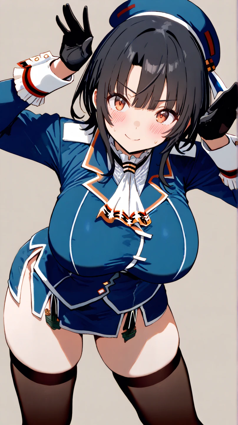 masterpiece, top-quality, Hi-Res, 1girl in, 独奏, brown haired, (shorth hair:1.1), a purple eye, Mole under the eyes, Hats, band uniform, Sleeveless, white glove, pleatedskirt, knee boots(chubby:1.3),(Black pantyhose:1.3),(huge-breasted:1.2),(Colossal tits:1,2),thick thighs, Big hips,cowboy shot, open open mouth,(red blush:1.2),(spread legswide:1.1),(M-shaped legs:1.2),(Show your pants:1.1),(Sit up:1.1),(put out the tongue:1.1),(Be scared:1.2),(I'm about to cry:1.2)