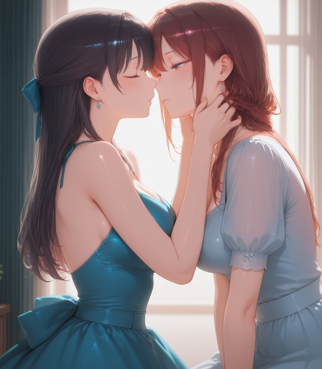 (two adult women:1.3)、exact number of fingers、Exact number of legs、Exact number of arms、bangs, ribbon ponytail, brown hair, (blush:1), (Two women put one hand in their panties:1.8), fingering, (pussy juice:1.2), cum in mouth, (two women are singing with microphones:1.5)、white and navy idol costume、That costume includes a navy blue idol-style corset., That costume has a ribbon on the collar.、The costume covers the shoulders, sides, upper arms, and arms., That costume only opens wide at the chest.、high socks、white idol style skirt, (Detailed and luxuriously decorated underwear:1.3), Ribbon at collar, (Light blue horizontal string lace panties with a lot of lace:1.3), Light blue lace bra:1.2), sexy underwear, Thighhighs、 beautiful big breasts, (erect nipples:1.2), the skirt is turned up、highest quality, High resolution, (detailed and beautiful eyes:1.6), highly detailed face, perfect lighting, Very detailed CG, (perfect hands, perfect ???????),embarrassed expression、The expression that you are holding back from going to the toilet, (sexual pleasure expression:1.4), (expression of agony:1.2)、close your eyes、sexy look、look upward、mouth half open、Climax、(live stage、a lot of spectators:1.5)、Mike stand、whole body