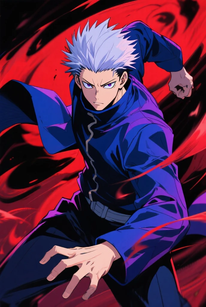 Ultra detailed, highres, absurdres, HDR, Gojou Satoru, white hair with bangs, blue eyes, black scarf, black tight shirt, white haori, Jujutsu Kaisen, handsome, 1 man only, Jujutsu Kaisen uniform, handsome smile, purple aura, fight pose, dynamic positon, bloodshed background, jujutsu kaisen anime style, anime cg style, solo