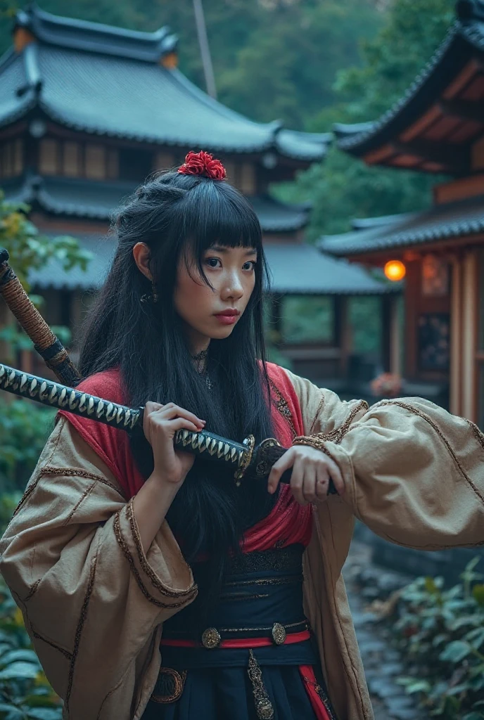 Create a photorealistic full-body image of a female character inspired by the medicine seller from 'Mononoke' in the 'Karakasa' arc, as if it were from a live-action adaptation. She has long, flowing black hair styled elegantly, and her face is adorned with traditional geisha-style makeup. Include the same sharp, artistic orange eye makeup with small red gems near the eyes, and a delicate pink lip color. She is holding a sword inspired by the Taima sword from a specific reference image, with intricate designs and a demonic face on the hilt. The woman is dressed in a traditional yet intricately designed kimono with rich, textured fabrics, blending deep reds, purples, and golds. The background depicts a traditional Japanese setting with a supernatural atmosphere, such as a haunted temple or a misty forest. The overall mood should be mysterious and eerie, capturing the full essence of the character in her environment.