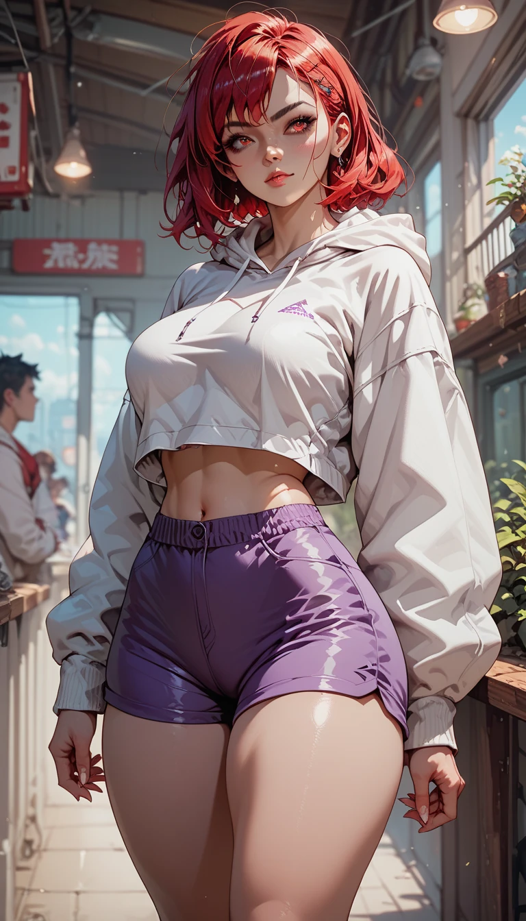 Beautiful pink hair girl is shown to have a sexy figure, she is wearing a nsfw crop hoodie and leggings, ponytail, happy look, blue eyes, girl walking down a neighborhood,sexy session, sexy pose, cowboy shot, superior quality, many details, realistic