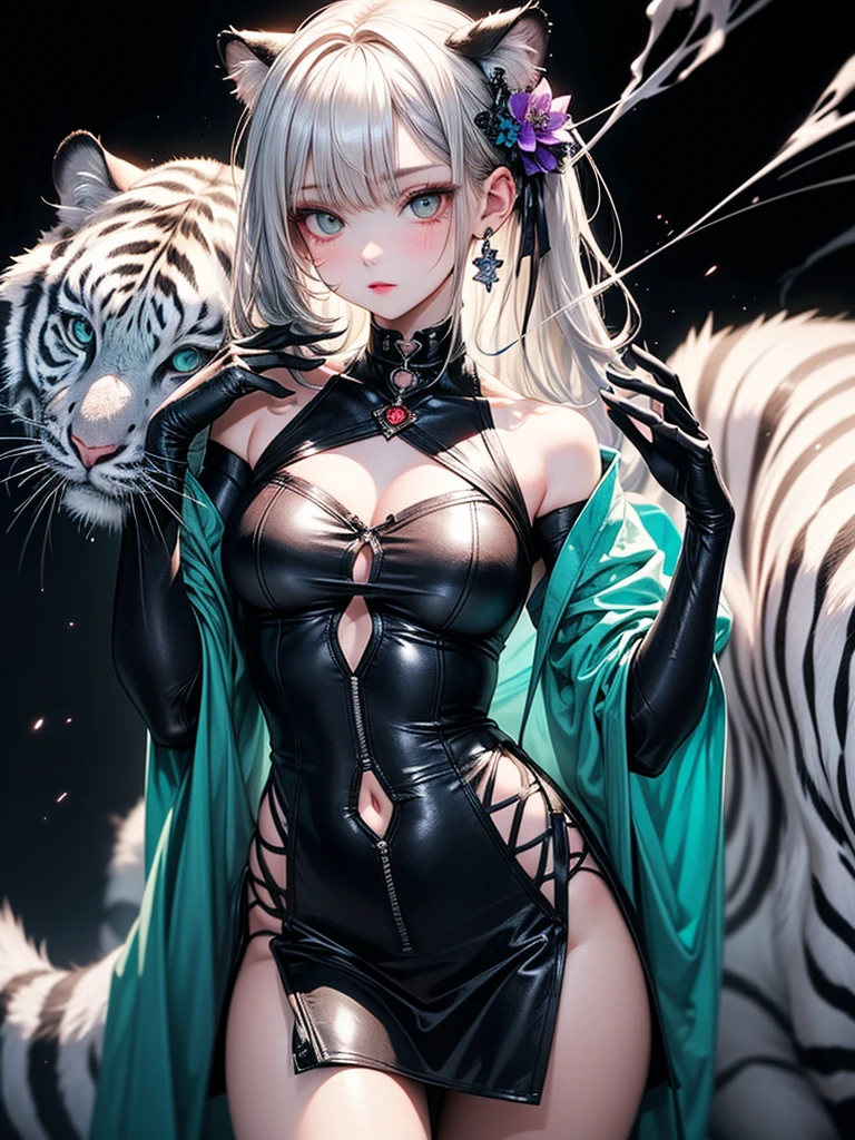 \1 solo female blindfolded, animal tiger ears, animal tiger hands, animal tiger print, bell, bikini, breasts, choker, claws, cleavage, collar, full body, gloves, large breasts, lips, long hair, looking at viewer, navel, neck bell, on bed, tiger paw gloves, tail, thighhighs, tiger ears, tiger print, tiger tail, white hair, sitting on bed bed, bedroom background