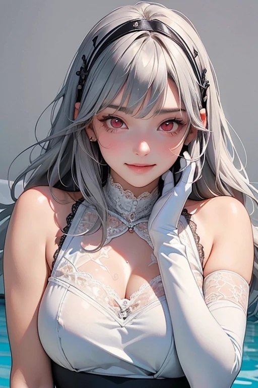 (Best Quality,High resolution,8K,finelity detailed background,Masterpiece:1.2),beautiful girl,Glossy romance gray hair,messy hair,Gray eyes,Gentle look,A refreshing look,Best quality,Best Quality,Aesthetic and aesthetic:1.2,Best details((Super detailed))(High-definition CG illustrations),collarbone (gray,intricate lace),Slender body,,smile,blush,cute,Scrounge,Looking up,Being spoiled,super model,wariza,shoot from above